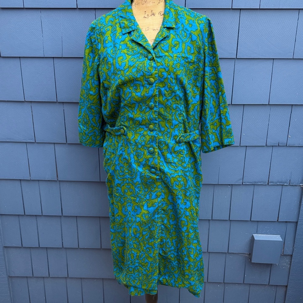 Paula Dean Originals Vintage Blue and Green Patterned Dress lined XL